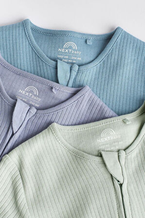 Next Baby % 100 Pamuklu Mint / Mavi Ribanalı Ayaksız 3’lü Tulum Set