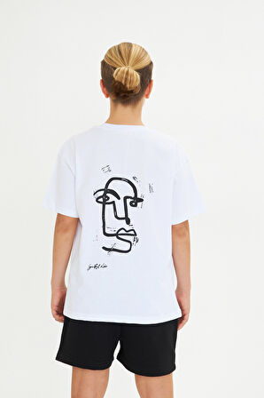 Arka Baskılı Minimalist Yüz Desenli %100 Pamuk Beyaz Oversize Unisex Çocuk Tişört