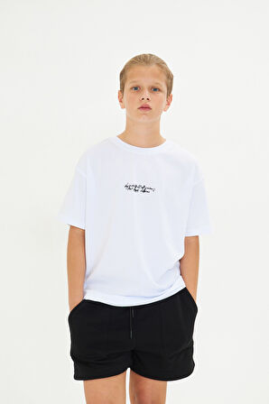 Arka Baskılı Minimalist Yüz Desenli %100 Pamuk Beyaz Oversize Unisex Çocuk Tişört