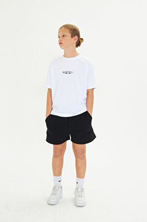 Arka Baskılı Minimalist Yüz Desenli %100 Pamuk Beyaz Oversize Unisex Çocuk Tişört