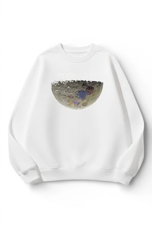 Unisex Yumuşak Dokulu Gerçek Ay Baskılı Tasarım Oversize 3 İplik Bisiklet Yaka Sweatshirt