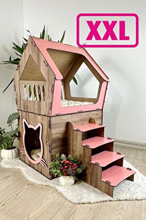 Mavitrend Ahşap Büyük Kedi Evi XXL Açık Teraslı Model 5 Kg Üstü Kediler İçin Kahve- Pembe Renk