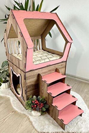 Mavitrend Ahşap Büyük Kedi Evi XXL Açık Teraslı Model 5 Kg Üstü Kediler İçin Kahve- Pembe Renk