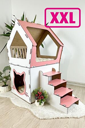 Mavitrend Ahşap Büyük Kedi Evi XXL Açık Teraslı Model 5 Kg Üstü Kediler İçin Pembe - Beyaz Renk