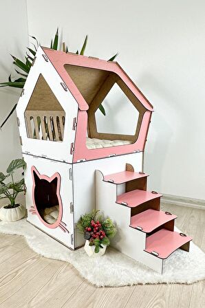 Mavitrend Ahşap Büyük Kedi Evi XXL Açık Teraslı Model 5 Kg Üstü Kediler İçin Pembe - Beyaz Renk