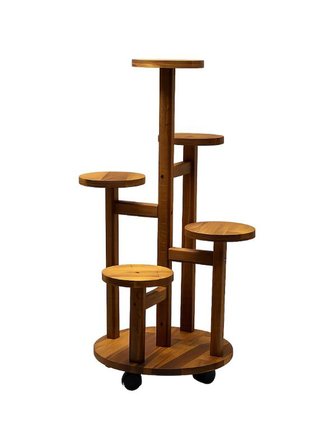 Tekerlekli Çiçeklik 5 Raflı Saksılık Dekoratif 5 Raflı Çiçeklik Doğal Ahşap Saksılık Çiçek Rafı Daire Model