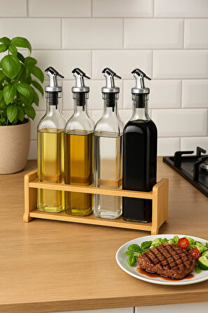 Cam Zeytinyağı ve Sirke Şişesi Seti Doğa Ahşap Tutucu 250ml Sızdırmaz Kapaklı Sos Yağdanlık Set Standlı 4'lü Set