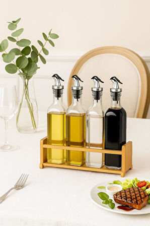 Cam Zeytinyağı ve Sirke Şişesi Seti Doğa Ahşap Tutucu 250ml Sızdırmaz Kapaklı Sos Yağdanlık Set Standlı 4'lü Set