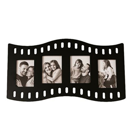Duvar Fotoğraf Çerçevesi Film Rulo Desenli Fotoğraf Çerçeve Ahşap 4 Fotoğraf Kapasiteli Pano Siyah