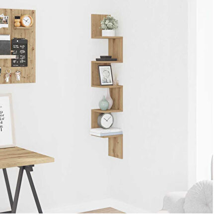 Zig Zag Köşe Duvar Rafı / Kitaplık Atlantik Çam 20x20x130 Modern Minimalist Köşe Rafı