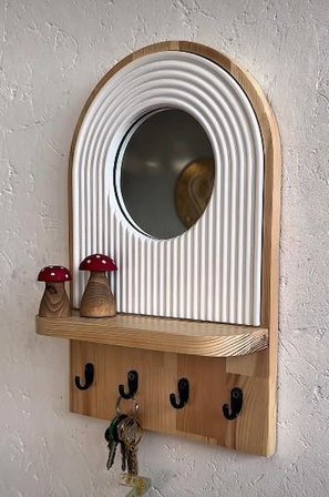 Aynalı Ahşap Duvar Hol Anahtar Askısı, Minimalist Dekoratif Modern Anahtarlık