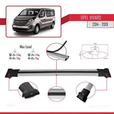Opel Vivaro A 2001-2014 Arası ile Uyumlu FLY Model Ara Atkı Tavan Barı Gri 2 Adet