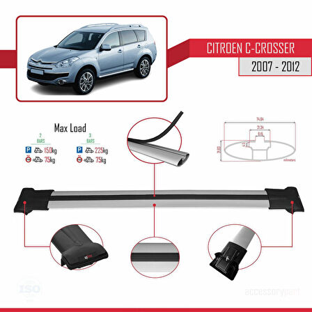 Citroen C-Crosser 2007-2012 Arası ile Uyumlu FLY Model Ara Atkı Tavan Barı Gri 2 Adet