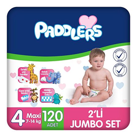 Paddlers Bebek Bezi 4 Numara Maxi 120 Adet (7-14 Kg) 2'li Jumbo Set