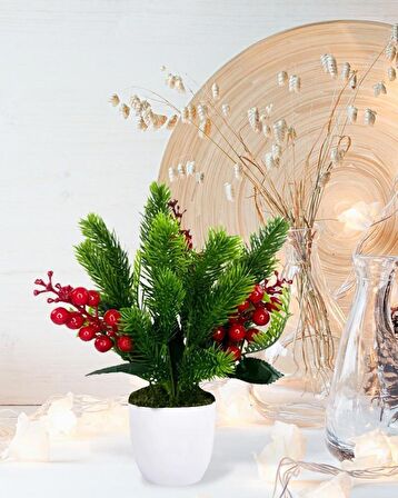 Yapay Çiçek Yılbaşı Çiçeği Kırmızı Kokina Ve Çam Dalı  Beyaz aksıda 30*20cm