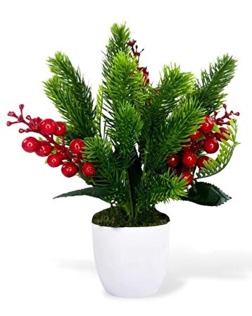 Yapay Çiçek Yılbaşı Çiçeği Kırmızı Kokina Ve Çam Dalı  Beyaz aksıda 30*20cm