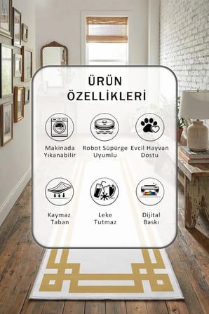 Yıkanabilir Kaymaz Klasik Beyaz Gold Dijital Baskılı Yolluk Halı Tüy Tutmaz Beyaz Gold