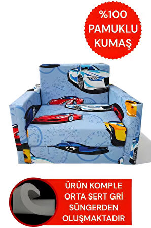 Çocuk Yatağı Komple Sünger Katlanabilir Koltuklu-(0-6 YAŞ)%100 Pamuklu Mavi Araba Desenli