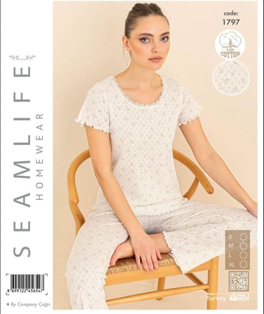 Seamlife Kadın %100 Pamuk Kalp Desenli Kısa Kollu Pijama Takımı 466542
