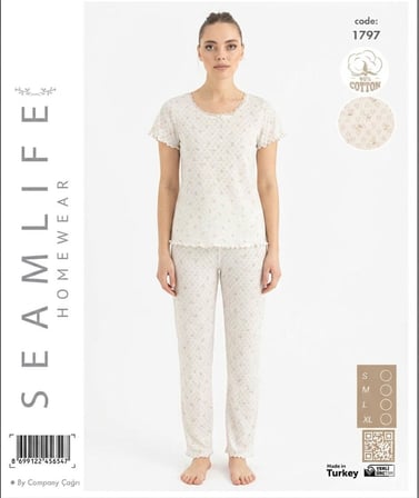 Seamlife Kadın %100 Pamuk Kalp Desenli Kısa Kollu Pijama Takımı 466542