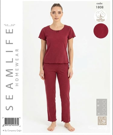 Seamlife Kadın %100 Pamuk Kalp Desenli Kısa Kollu Pijama Takımı 466542