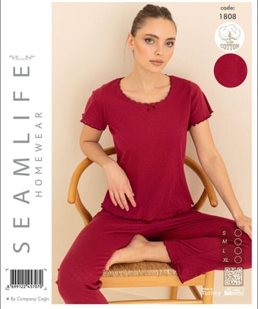 Seamlife Kadın %100 Pamuk Kalp Desenli Kısa Kollu Pijama Takımı 466542
