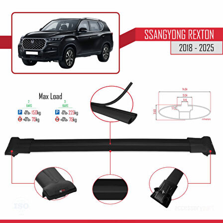 SsangYong Rexton 2018-2025 Arası ile Uyumlu FLY Model Ara Atkı Tavan Barı Siyah 2 Adet
