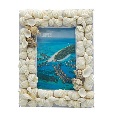 Dekoratif Ahşap Marin Deniz Kabuklu Resim Çerçevesi 16x22cm No:1