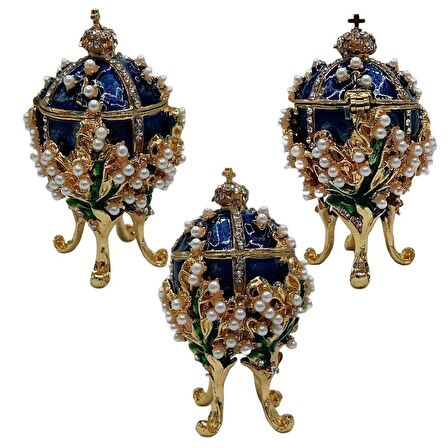 Faberge Yumurta Swarovski Taşlı Lüks Mücevher Kutusu Mavi 8 cm