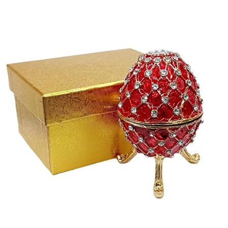 Faberge Yumurta Swarovski Taşlı Lüks Mücevher Kutusu Kırmızı 10 cm