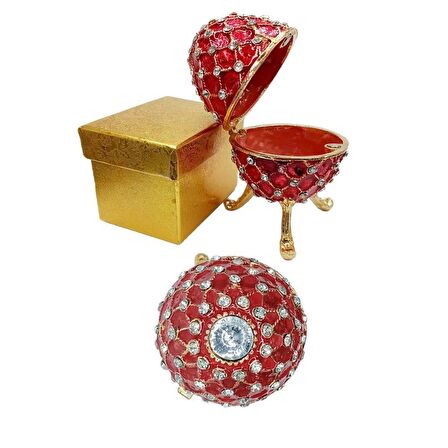 Faberge Yumurta Swarovski Taşlı Lüks Mücevher Kutusu Kırmızı 10 cm