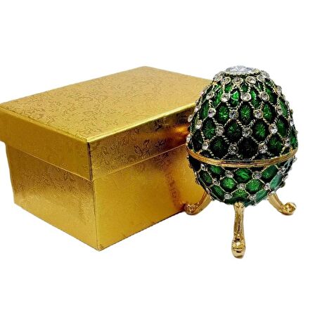 Faberge Yumurta Swarovski Taşlı Lüks Mücevher Kutusu Yeşil 10 cm