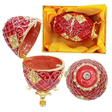 Faberge Yumurta Swarovski Taşlı Lüks Mücevher Kutusu Kırmızı 10cm