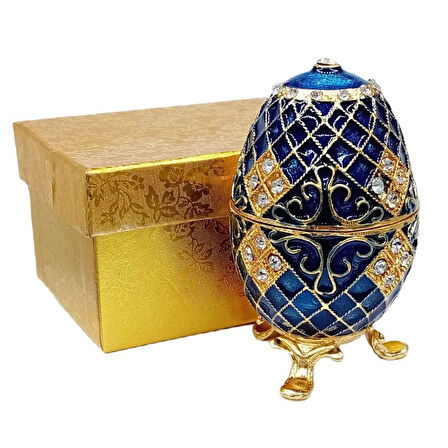 Faberge Yumurta Swarovski Taşlı Lüks Mücevher Kutusu Mavi 10cm