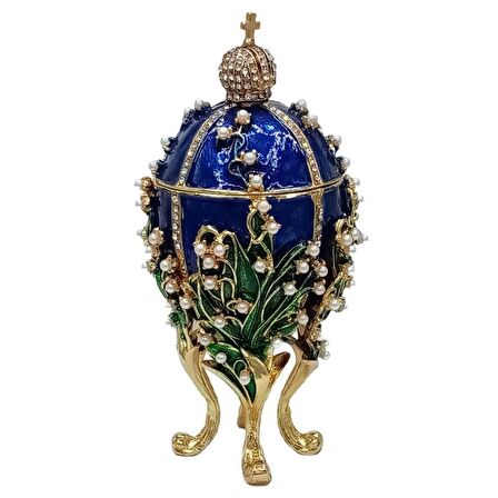 Faberge Yumurta Swarovski Taşlı Lüks Mücevher Kutusu Mavi 14 cm