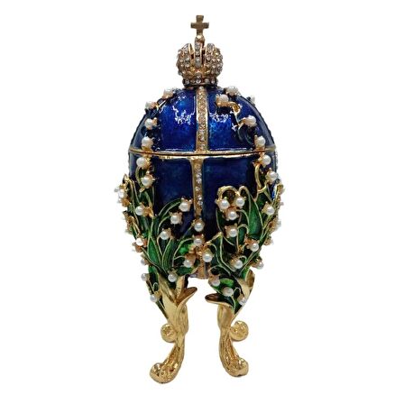 Faberge Yumurta Swarovski Taşlı Lüks Mücevher Kutusu Mavi 14 cm