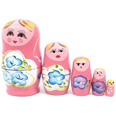 Ahşap Matruşka Bebek Beşli Set Pembe