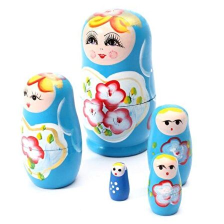 Ahşap Matruşka Bebek Beşli Set Mavi