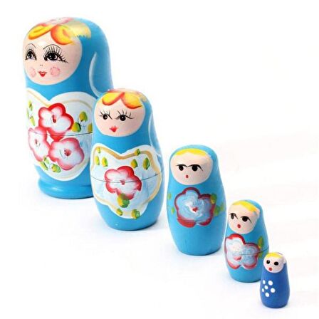 Ahşap Matruşka Bebek Beşli Set Mavi