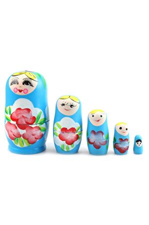 Ahşap Matruşka Bebek Beşli Set Mavi