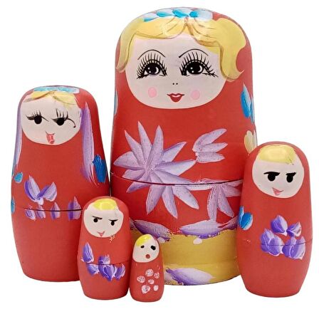 Ahşap Matruşka Bebek Beşli Set Kırmızı Sarı