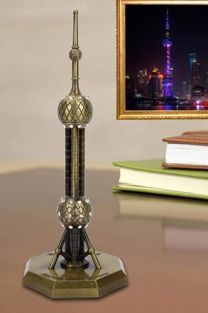 Vintage Metal Shanghai Oriental Pearl Tv Tower Biblo Antik Bronz 14 cm