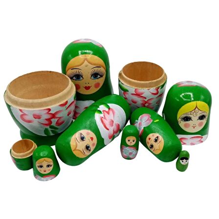 Ahşap Matruşka Bebek Yedili Set Yeşil