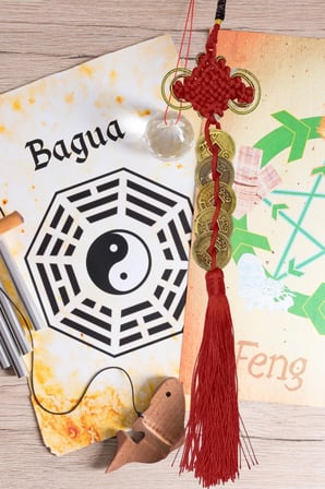 Çin Feng Shui Şans ve Bereket Düğüm Beşli Para 35 cm