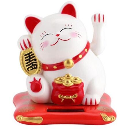 Maneki Neko El Sallayan Şans Kedisi Beyaz Solar Güneş Enerjili 7.5 cm
