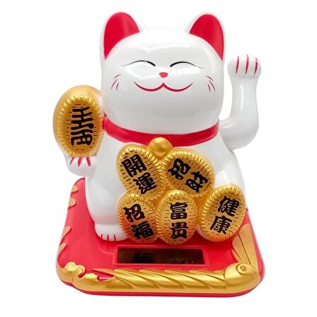 Maneki Neko El Sallayan Şans Kedisi Beyaz Solar Güneş Enerjili 10.5 cm