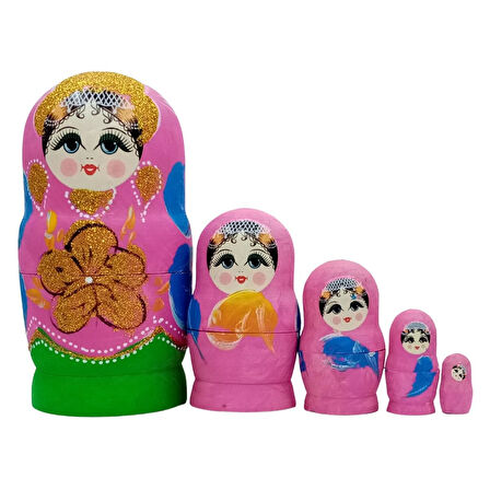 Ahşap Matruşka Bebek Renkli Büyük Beşli Set Pembe