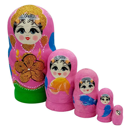 Ahşap Matruşka Bebek Renkli Büyük Beşli Set Pembe