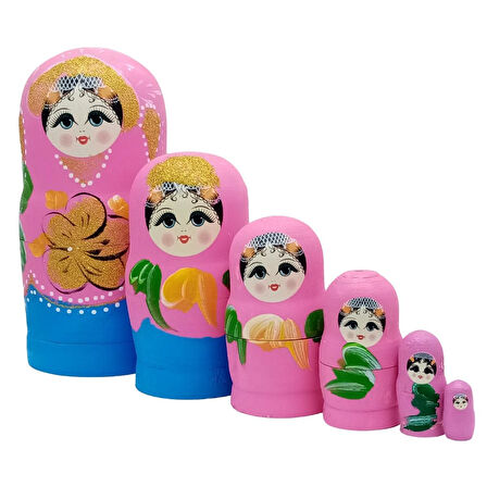 Ahşap Matruşka Bebek Renkli Büyük Altılı Set Pembe