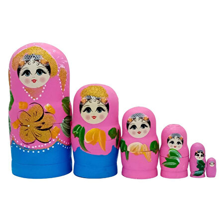 Ahşap Matruşka Bebek Renkli Büyük Altılı Set Pembe